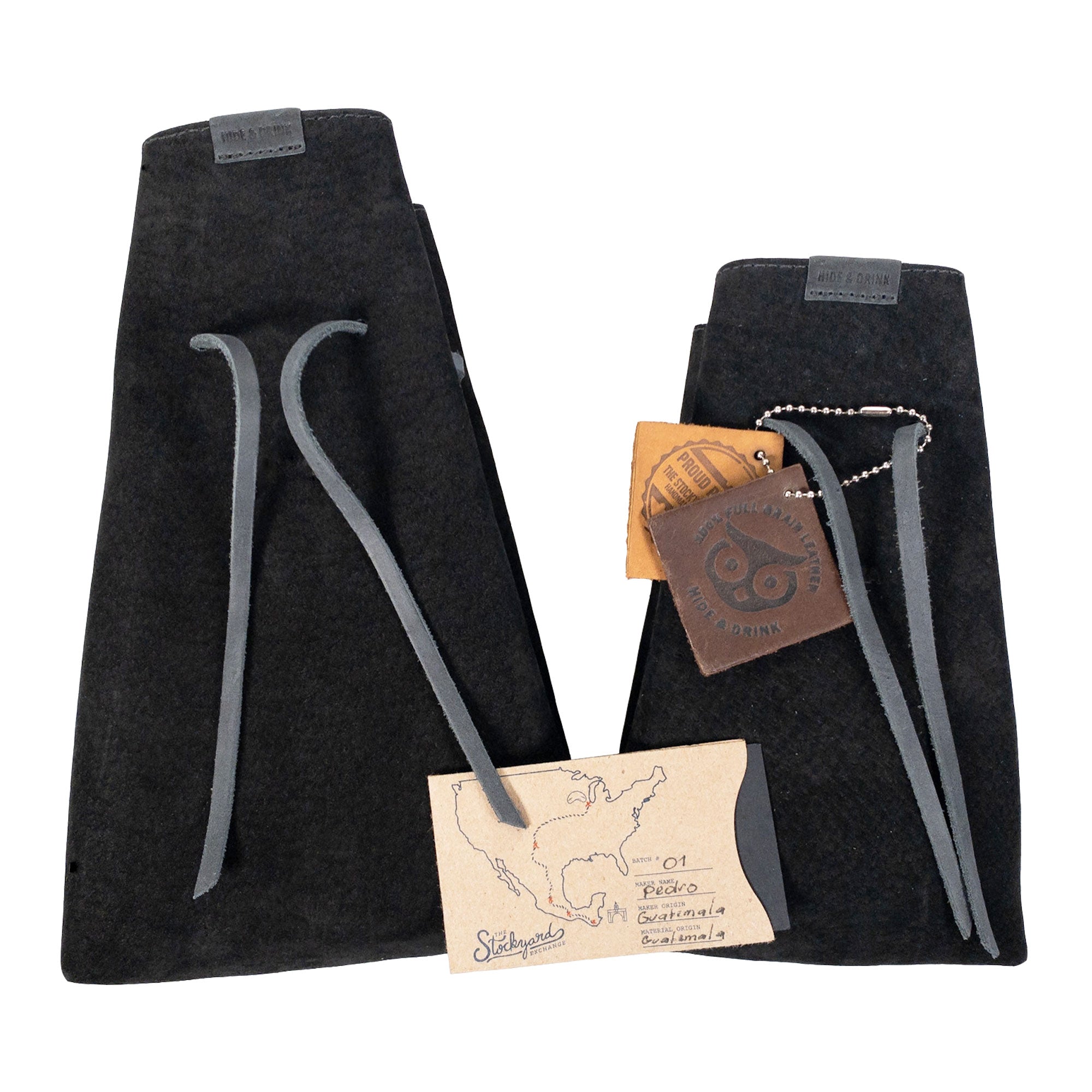Side view of Hide & Drink's Drawstring Sack (2 pack) illustrating its design and practical uses for both home and travel. Drawstring Sack (2 pack) Handmade from Sheepskin and Full Grain Leather, StockyardX, Small Batch Production, Hand Cut, Hand Sewn, Fire Branded, Artisan, Handmade in La Antigua Guatemala & Oaxaca Mexico.
