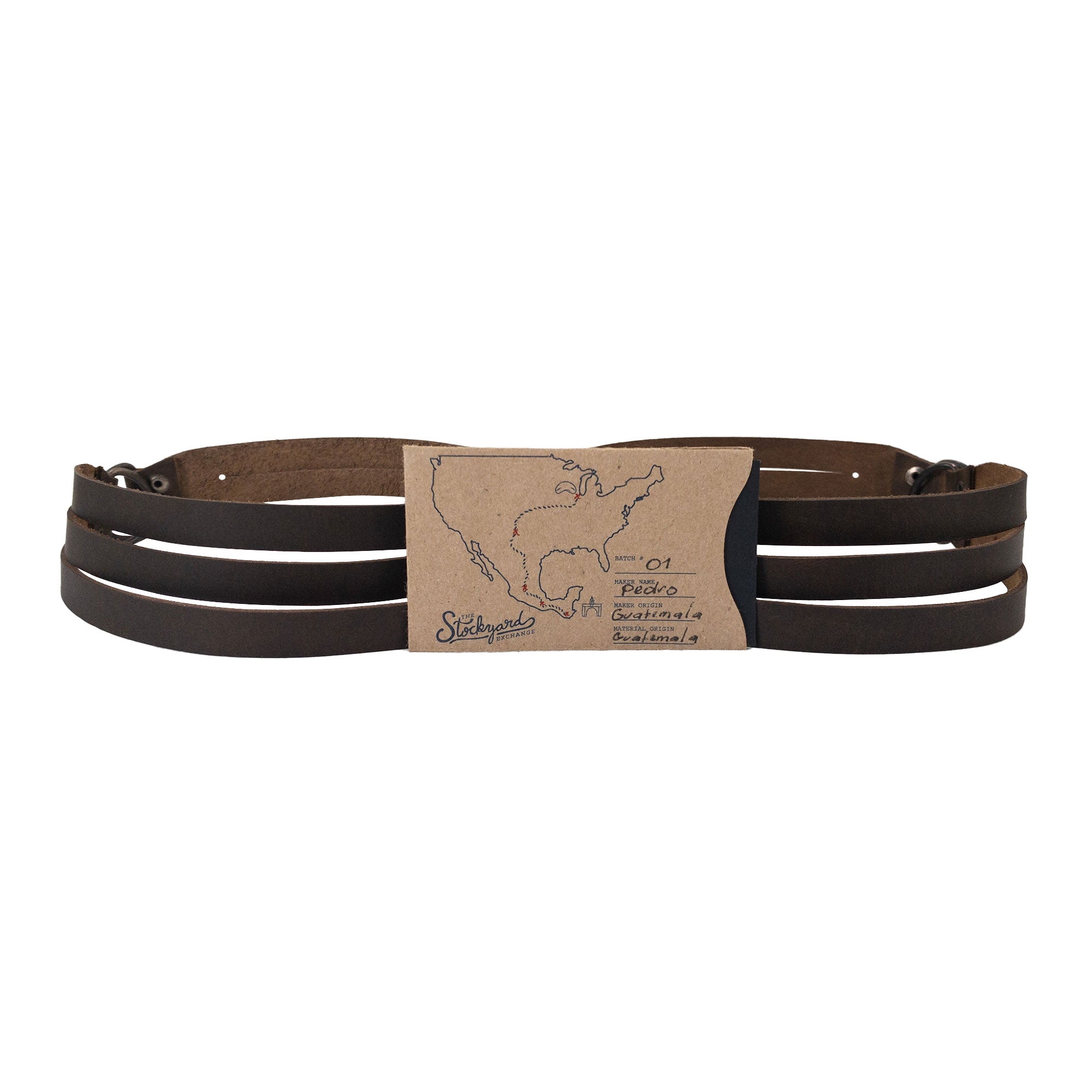 Complete packaging of the Curtain Tie Back with Half Ring (2 Pack) by Leather At Home, showcasing its artisan quality with Full Grain Leather. Each item is made with small batch production and features hand cut, hand sewn, and fire branded craftsmanship, proudly handmade in La Antigua Guatemala & Oaxaca Mexico.
