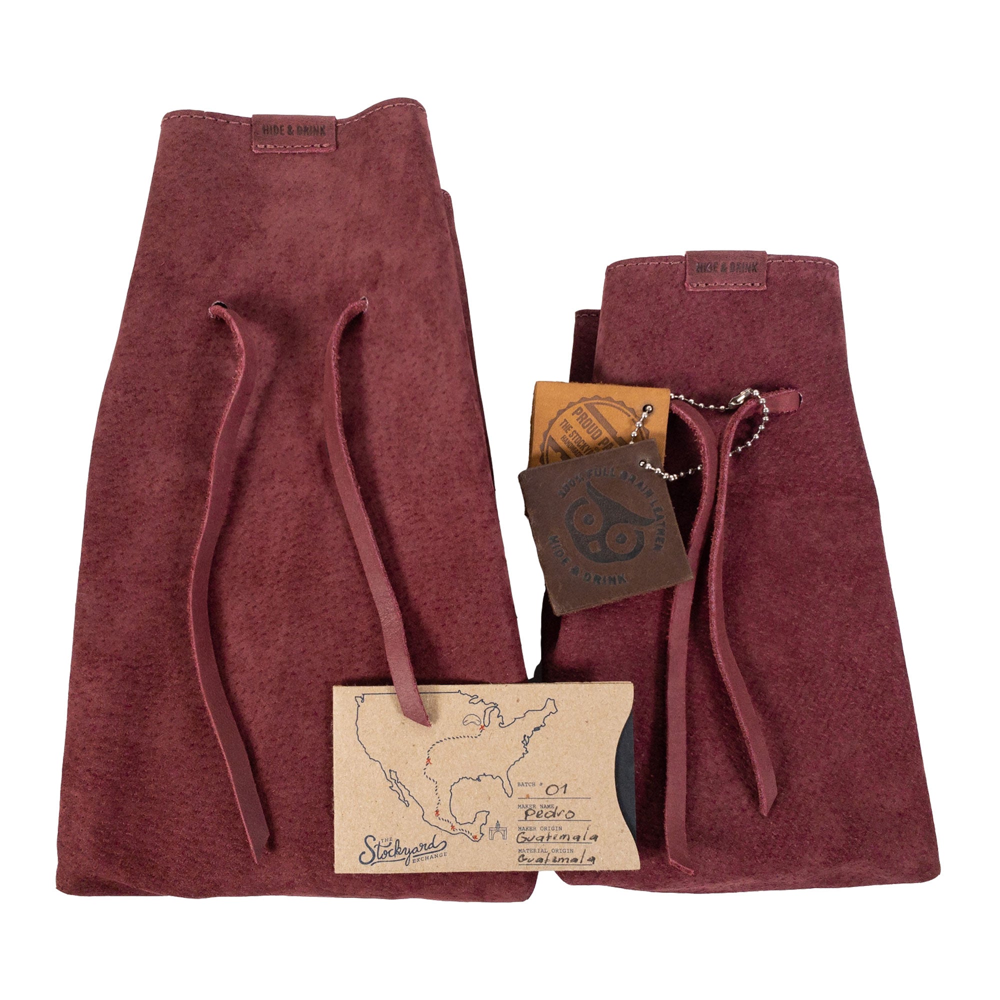 Hide & Drink's Drawstring Sack (2 pack) displayed showcasing its attractive color and artisan-crafted design, suitable for various uses. Drawstring Sack (2 pack) Handmade from Sheepskin and Full Grain Leather, StockyardX, Small Batch Production, Hand Cut, Hand Sewn, Fire Branded, Artisan, Handmade in La Antigua Guatemala & Oaxaca Mexico.