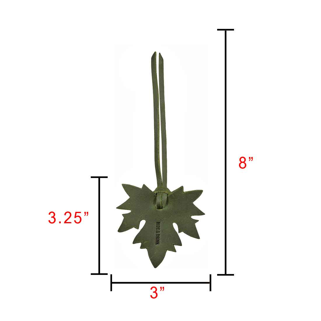 Measurement image of the Autumn Bookmark (3 pack) by Hide & Drink, displaying the dimensions of the maple leaf bookmarks. These handcrafted full grain leather bookmarks make great gifts for friends and family, perfect for any book lover. Autumn Bookmark (3 Pack), Bookworm Gifts, Cute Accessories, Artisan, Handmade in La Antigua Guatemala.