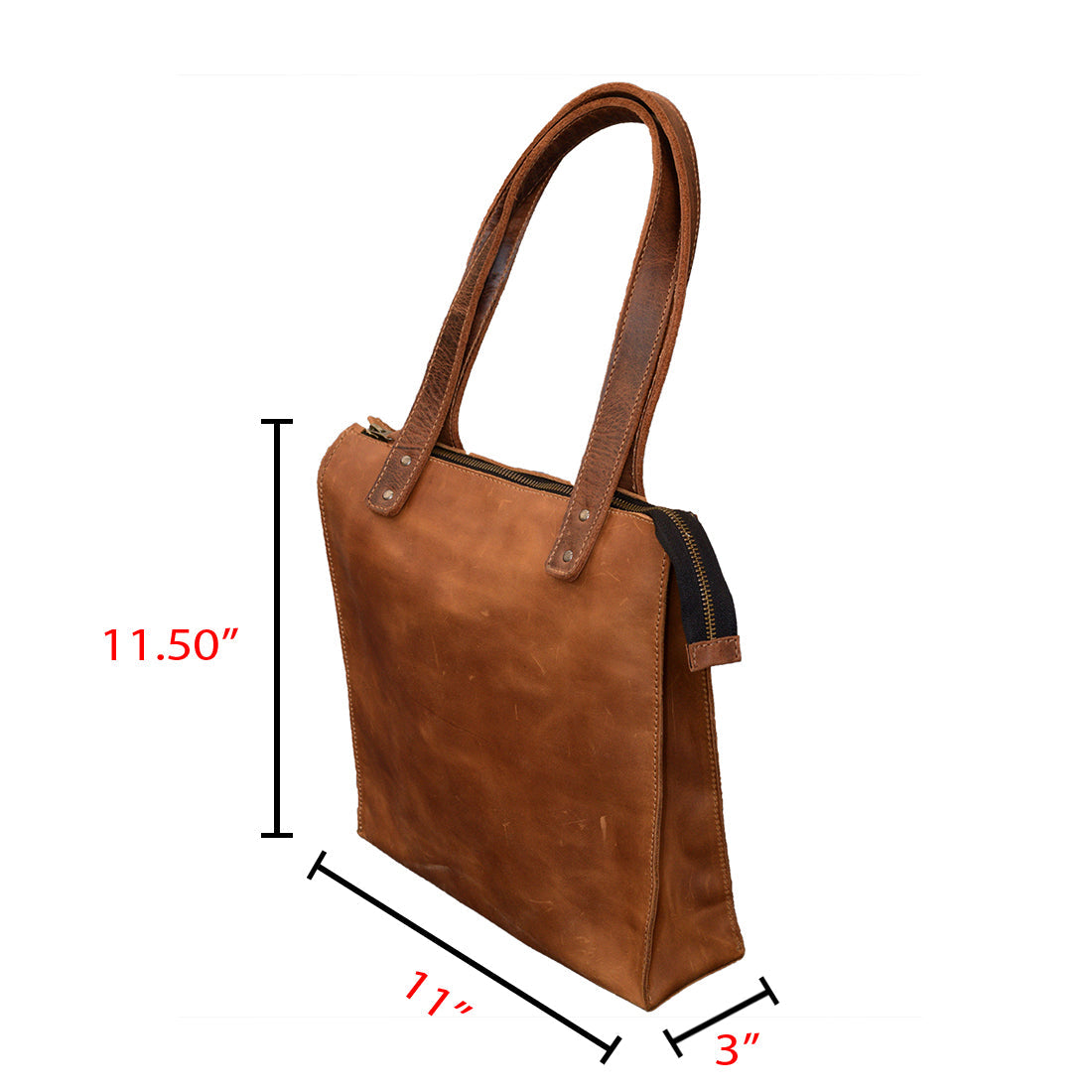 Dimensions of the Square Shoulder Bag by Hide & Drink are shown, illustrating its practical size and versatile design. Made from premium full grain leather, this handbag exemplifies luxury and craftsmanship, designed with precision through small batch production, and represents the artisan heritage of La Antigua Guatemala & Oaxaca Mexico.