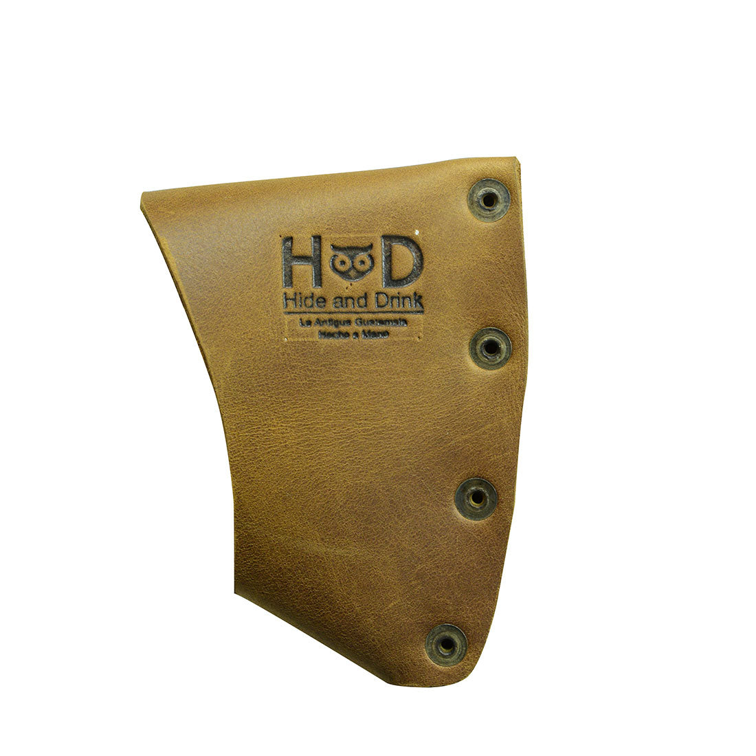 Versatile Hatchet Blade Cover by Hide & Drink, designed as a protective axe head sheath perfect for lumberjack gear and camping essentials. Crafted from full grain leather, this handy artisan creation is handmade in La Antigua Guatemala & Oaxaca Mexico, reflecting traditional craftsmanship.