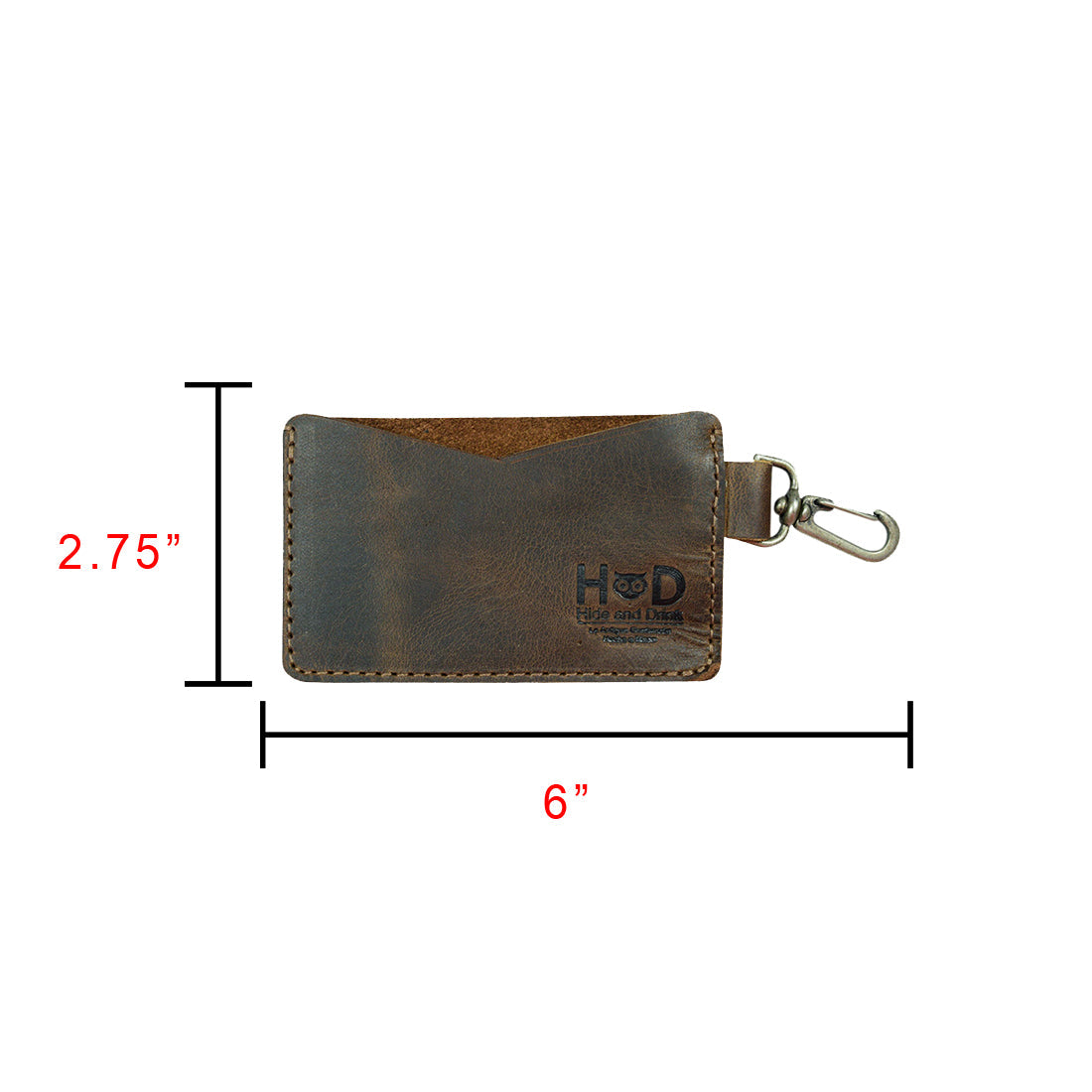Dimensions chart for Hide & Drink's Leather Card & Key Holder, detailing its size and features. This organizer offers the capacity to hold up to 4 cards and serves as a keychain organizer. Crafted from full grain leather, it’s a handmade accessory reflecting small batch production with precision through hand cut and hand sewn methods, made in La Antigua Guatemala & Oaxaca Mexico.
