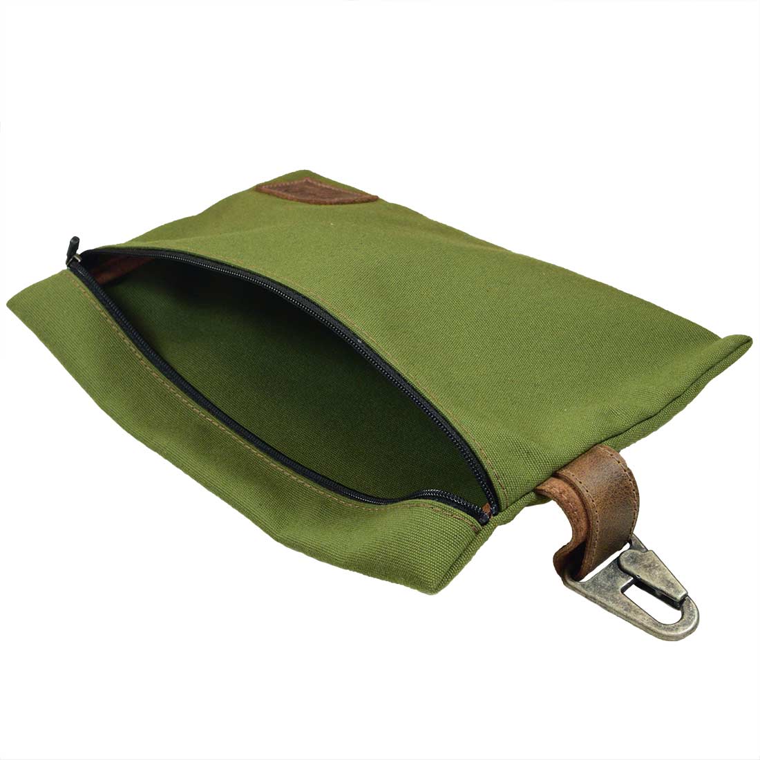 Interior view of the Hide & Drink Outdoor Pouch, a Water Resistant Canvas Camping Pouch showing ample storage for outdoor gear. This utility bag, made with Full Grain Leather, serves as a reliable solution for outdoor accessories, emphasizing artisan craftsmanship through hand cut, hand sewn construction in La Antigua Guatemala & Oaxaca Mexico.