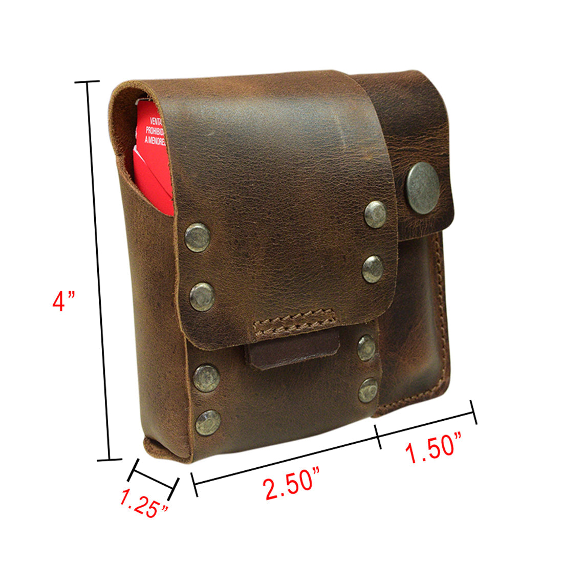 Rivet Cigarette Case by Hide & Drink, displayed with dimensions for easy reference. This unique smoking accessory showcases a functional design made from Full Grain Leather, perfect for a Belt Tobacco Case and crafted through small batch production. Handmade with care in La Antigua Guatemala & Oaxaca Mexico.