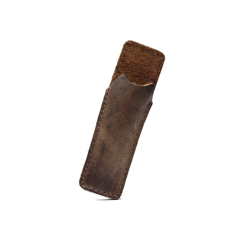 Hide & Drink Fisher Space Pen Case showcasing a handcrafted rustic design. This individual sleeve for 3.75 in. adjustable pens combines full grain leather with exquisite artisan techniques, making it a must-have office pouch for work essentials. Handmade in La Antigua Guatemala and Oaxaca Mexico, emphasizing small batch production and unique fire branding.