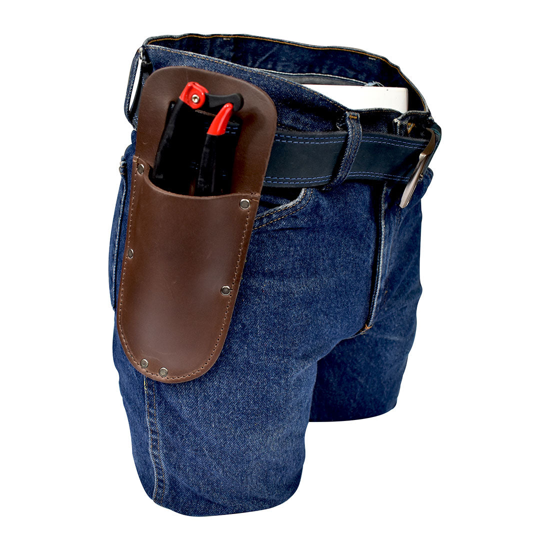 Hide & Drink Garden Pruner Sheath in use on pants, showcasing its practicality with Thick Full Grain Leather, perfect for garden scissors and other tools. This handmade sheath provides a stylish way to keep tools handy in the garden.