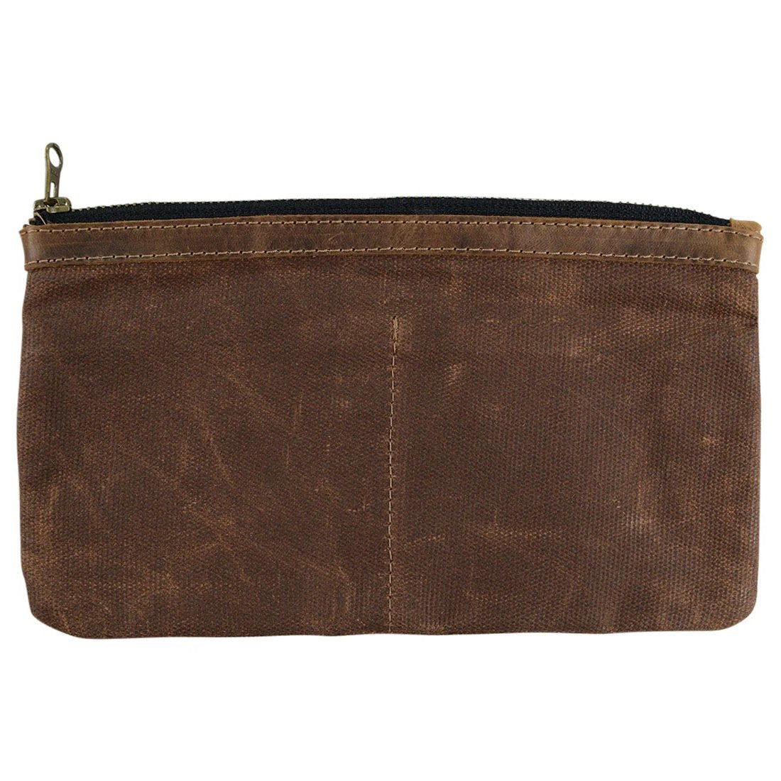 Back view of the Traveler Organizer by Hide & Drink, demonstrating its sleek design in rugged Waxed Canvas and Full Grain Leather. This All Purpose Utility Pouch serves as a great Travel Accessories option for camping organization. Each organizer is a unique product of Small Batch Production, Hand Cut and Hand Sewn by skilled artisans in La Antigua Guatemala & Oaxaca Mexico.