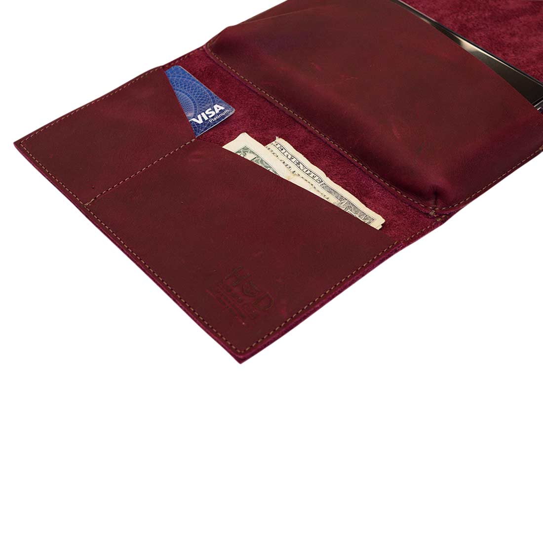 Inside view of burgundy Angular Wallet for Cell Phone by Hide & Drink, featuring pockets for cards and cash, all made from Full Grain Leather. This Cell Phone Wallet embodies hand-cut, hand-sewn artisan traditions in La Antigua Guatemala & Oaxaca Mexico.