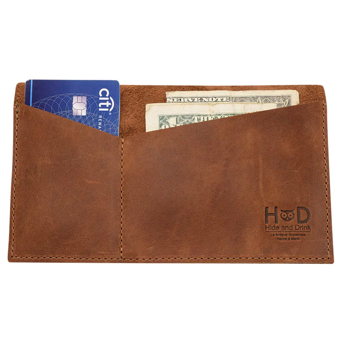 Side view of Angular Wallet for Cell Phone by Hide & Drink, demonstrating its sleek design and capacity for cards and cash. This Full Grain Leather Cell Phone Wallet is a testament to small batch production and handmade quality from artisans.