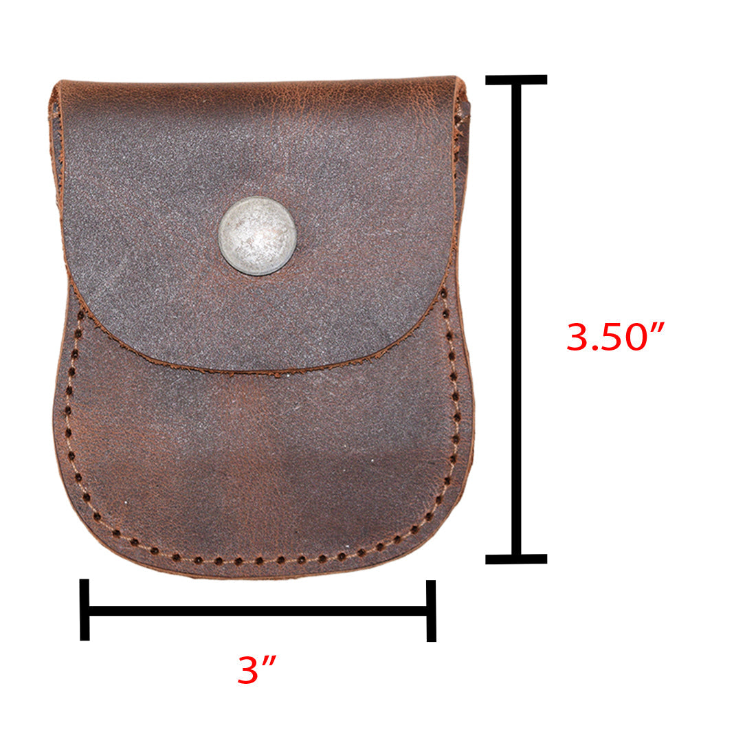 Measuring dimensions of the Curvy Coin Pouch by Hide & Drink, showcasing its compact size ideal for carrying coins, with its artisan quality evident in its craftsmanship.