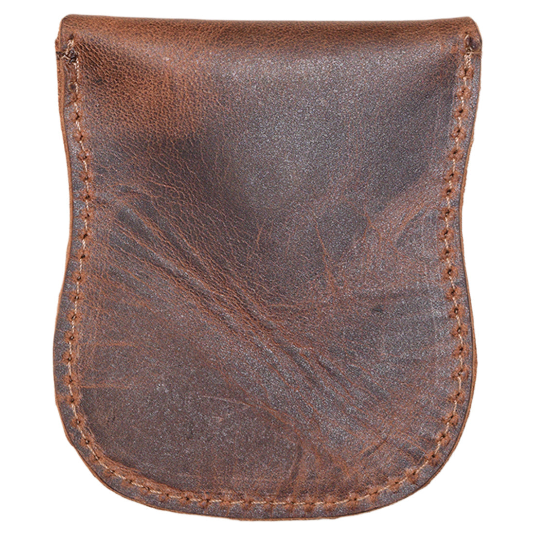 Back view of the Curvy Coin Pouch by Hide & Drink, demonstrating the quality full grain leather used in its handmade design, perfect for carrying coins and small items.