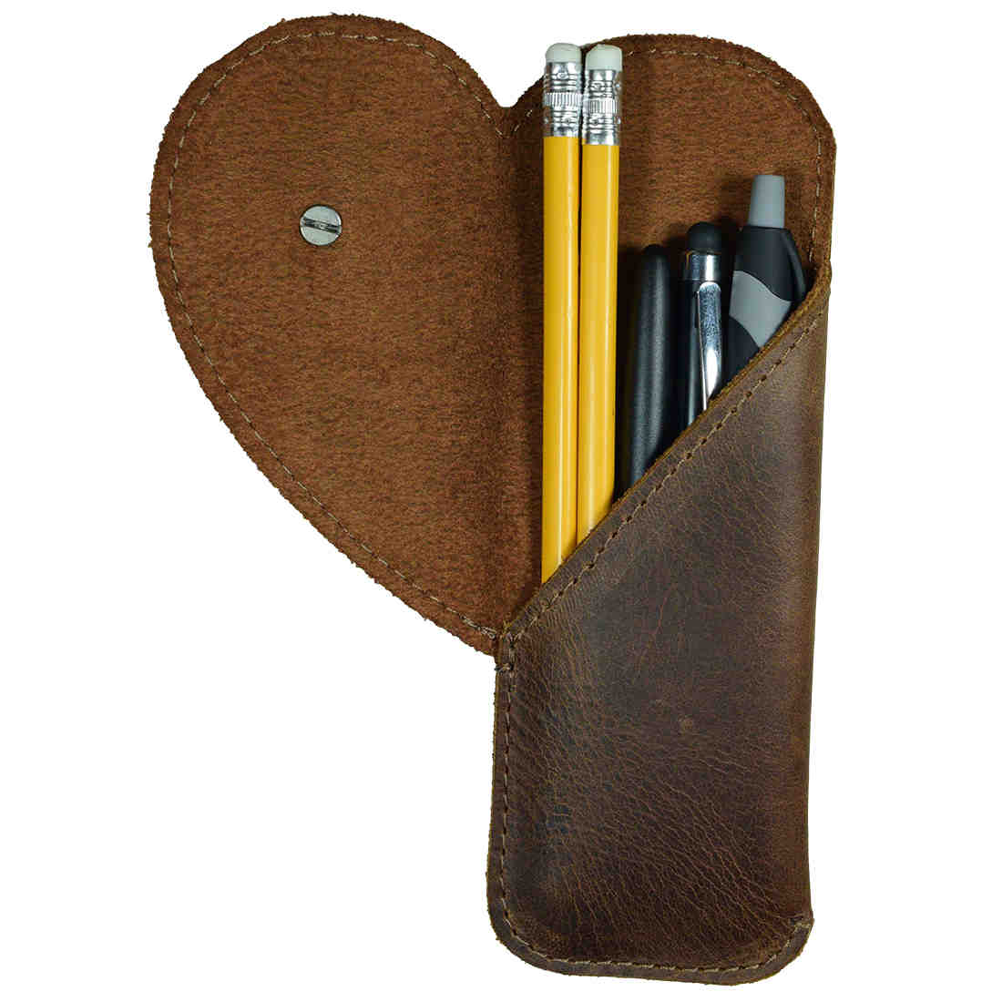 Versatile Heart Pen Case by Hide & Drink, designed to elegantly store office supplies like pens and pencils. This handy Pencil Organizer combines style and function, made from durable Full Grain Leather in small batch production. It's a great option for bookworm gifts, hand cut and sewn by artisans from La Antigua Guatemala & Oaxaca Mexico.