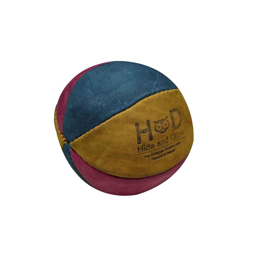 Hide & Drink Leather Juggling Balls (3-Pack) in bright colors against a clean backdrop. Full Grain Leather Juggling Balls Set of 3, made with attention to Small Batch Production, Hand Cut, Hand Sewn, and Fire Branded by Artisan makers. Handmade in La Antigua Guatemala & Oaxaca Mexico.