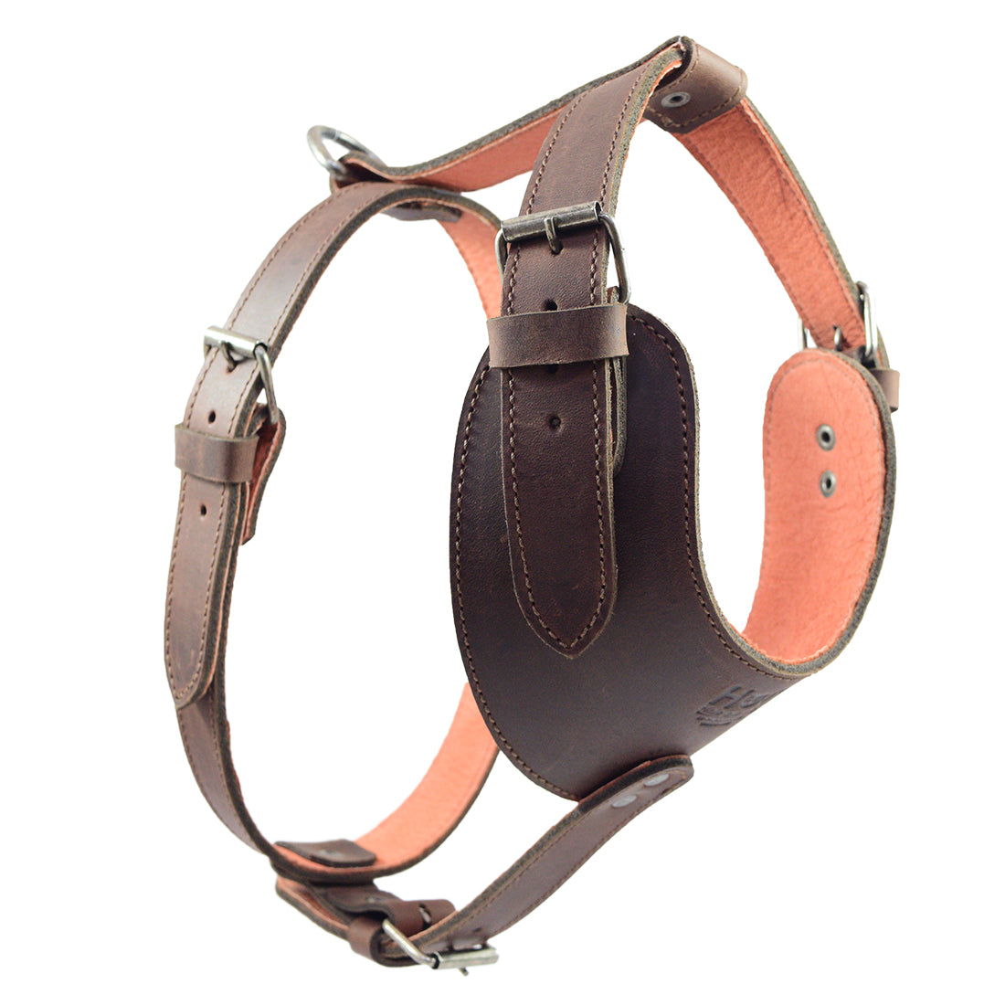 Another angle of the Hide & Drink Dog Harness demonstrating its seamless blend of functionality and craftsmanship. Made from Full Grain Leather and featuring adjustable straps, this handmade item is perfect for pet owners looking for a reliable and stylish dog harness.