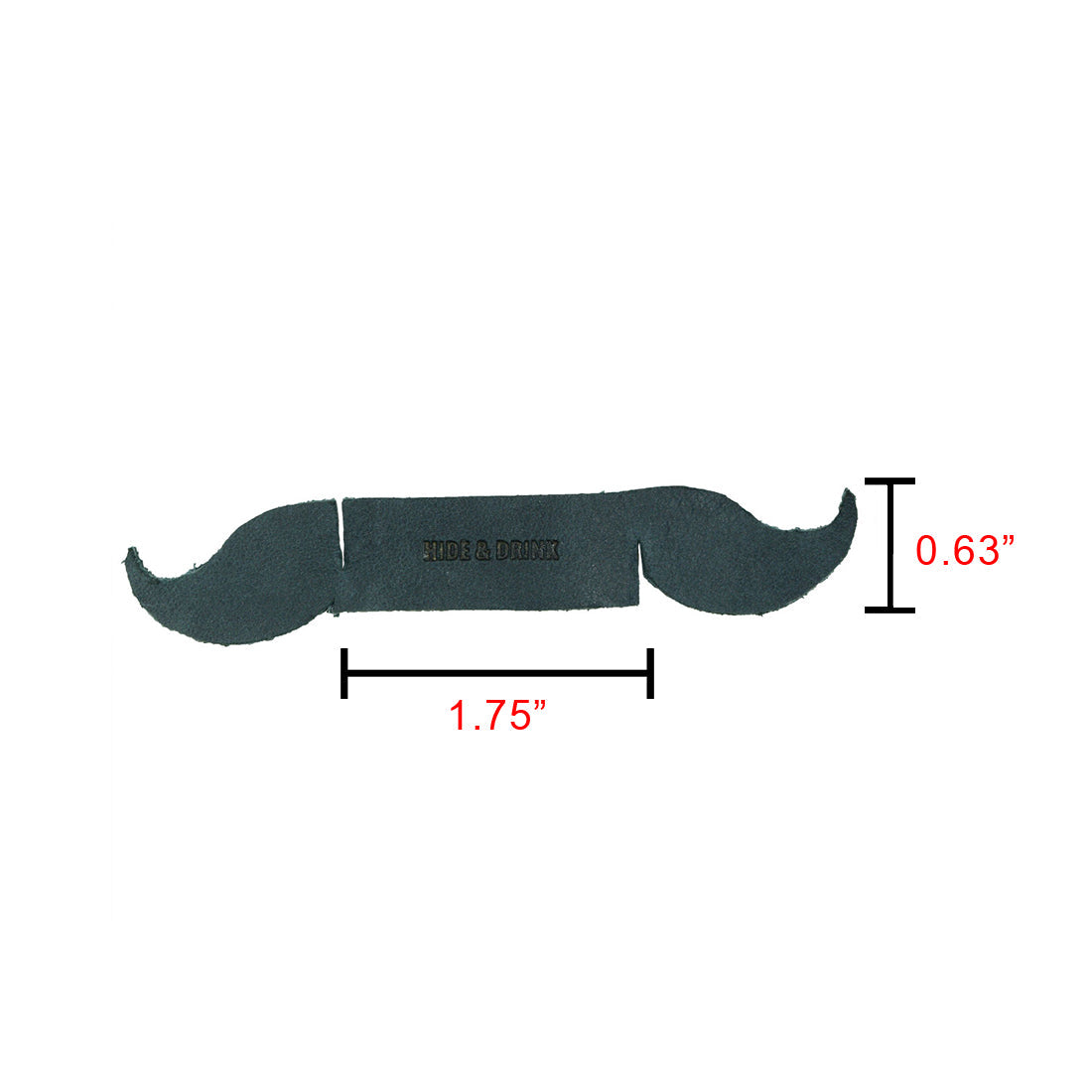 Detailed view of a gray leather mustache Drink Tag (6 Pieces) by Hide & Drink with measurements for reference. This fine accessory for wine glasses is perfect as a Drink Marker or napkin ring, enhancing any party decor. Each tag is crafted from Full Grain Leather, showcasing the artistry of small batch production with hand cut and hand sewn techniques by artisans in La Antigua Guatemala & Oaxaca Mexico.