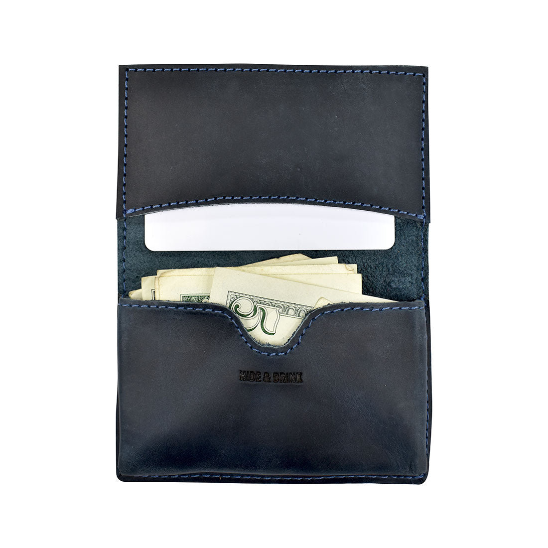 Front view of Hide & Drink's Vintage Card Holder in olive green leather, showcasing its unique character. Ideal as a vintage business card holder and cash organizer, this pocket accessory is handcrafted in small batches in La Antigua Guatemala & Oaxaca Mexico.