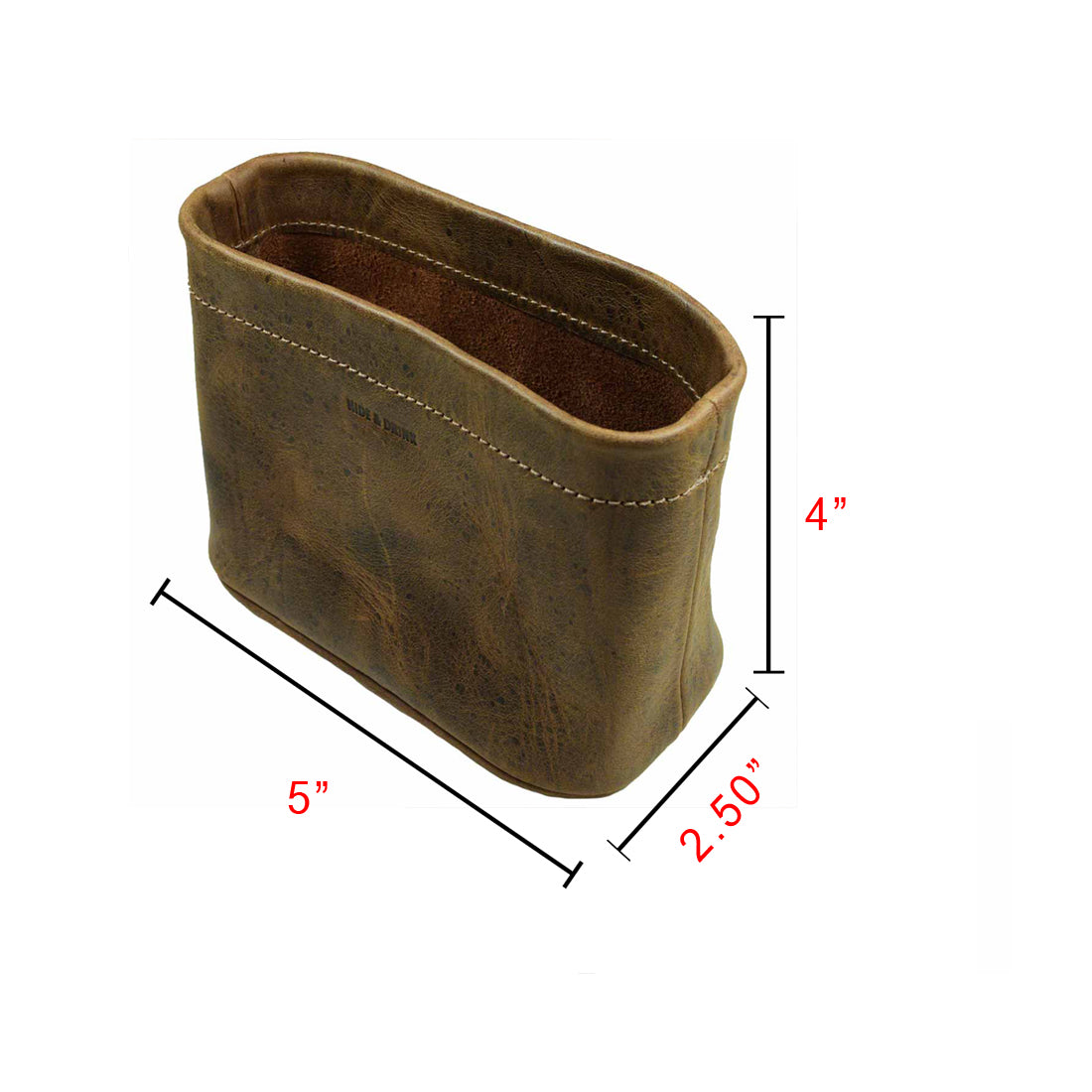 Dimensions of the Hide & Drink Desk Organizer Bag displayed next to a ruler. This practical Full Grain Leather pen holder is perfect for organizing desk essentials, highlighting its artisan quality from La Antigua Guatemala & Oaxaca Mexico.