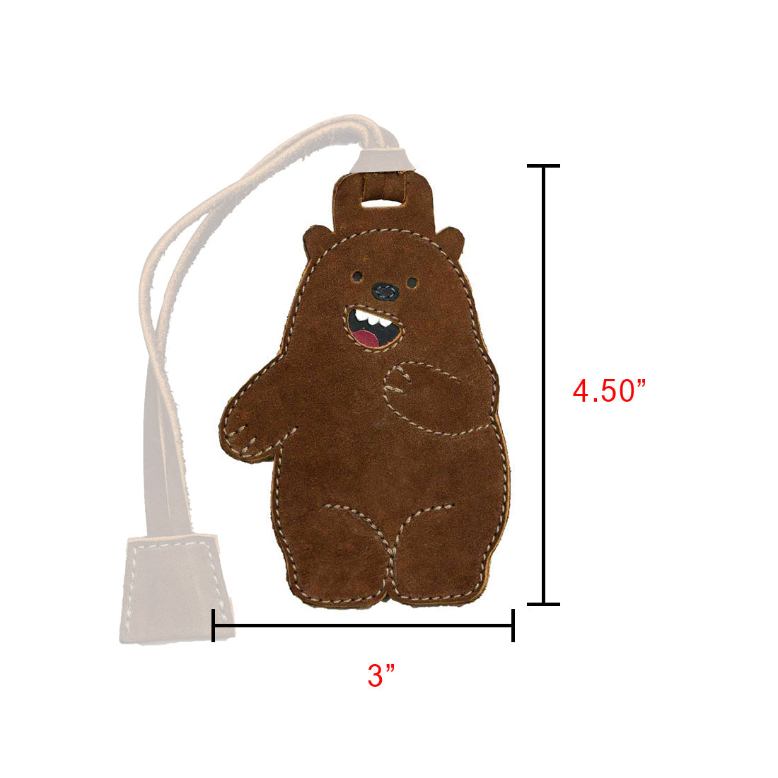 Dimensions of the Bear Luggage Tag by Hide & Drink displayed with measurements. This adorable luggage tag serves as a suitcase identifier and baggage label, crafted from full grain leather. Perfect as a travel essential, showcasing artisan workmanship through small batch production, hand cut, hand sewn, and diligently made in La Antigua Guatemala & Oaxaca Mexico.