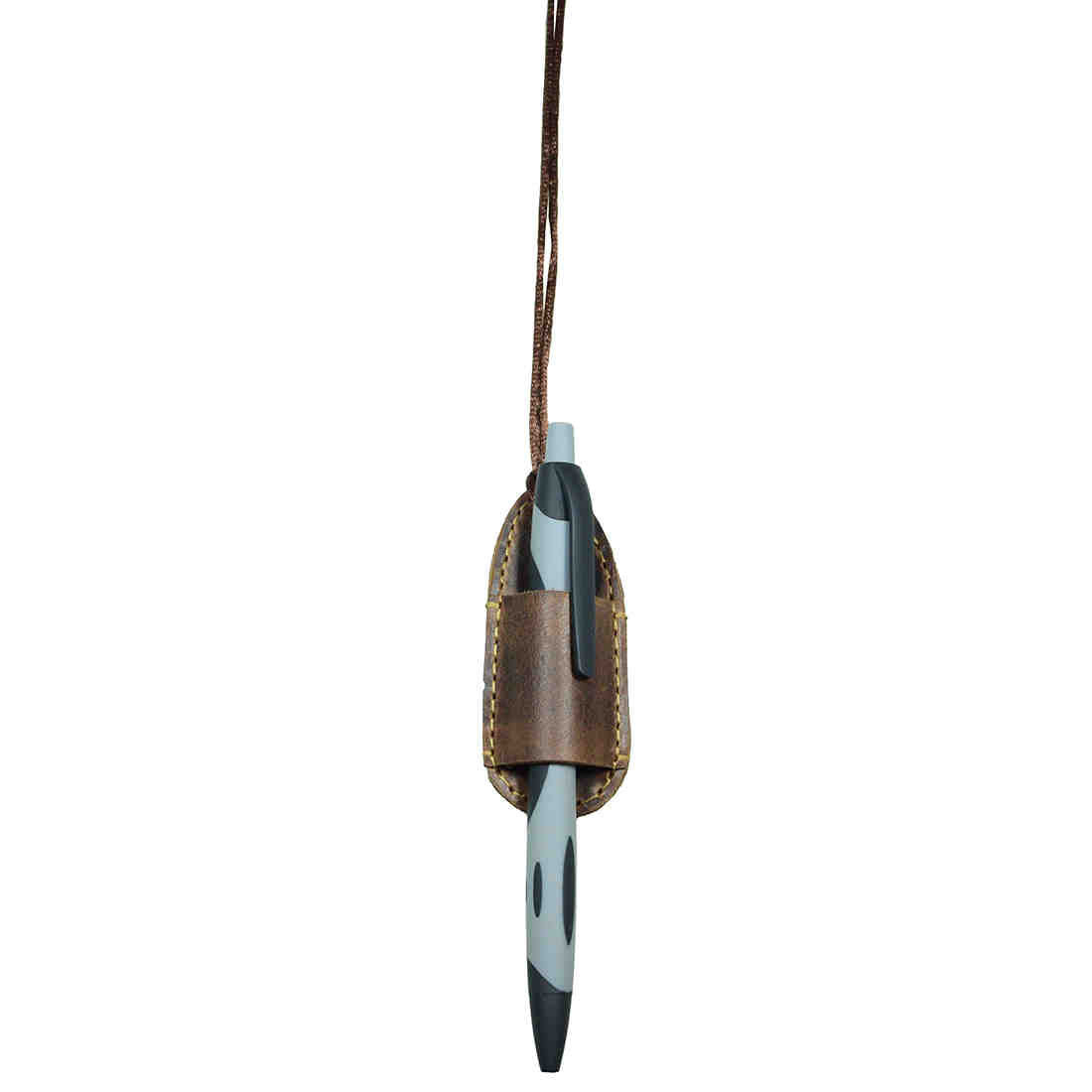 Hide & Drink Mini Pen Holder elegantly displaying a pen with a neck strap attached. This Lanyard Pen Holder made from Full Grain Leather is perfect for those seeking stylish Office Supplies and Bookworm Accessories. Handmade in La Antigua Guatemala, each pen holder is crafted with small batch production techniques, featuring hand cut and hand sewn artistry.