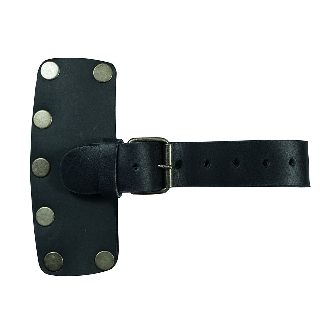 Close-up view of the Hide & Drink Lumberjack Axe Sheath reflecting its sturdy adjustable strap and quality craftsmanship. This protector holster is made from full grain leather, showcasing the artisan skills involved in handmade production.
