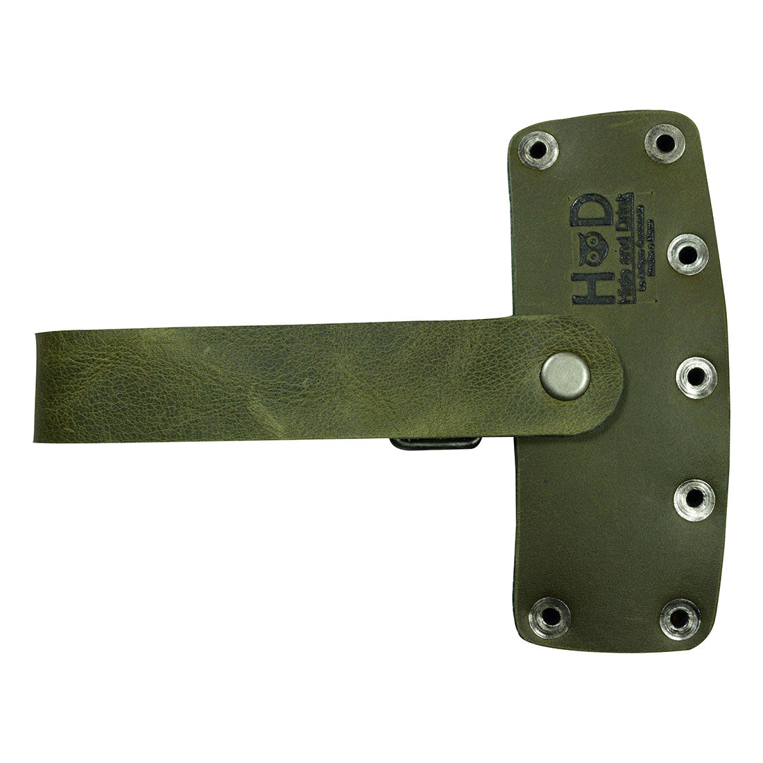 A detailed look at Hide & Drink Lumberjack Axe Sheath featuring a rustic leather finish and adjustable strap. This protector holster is an artisan crafted piece made from durable full grain leather.