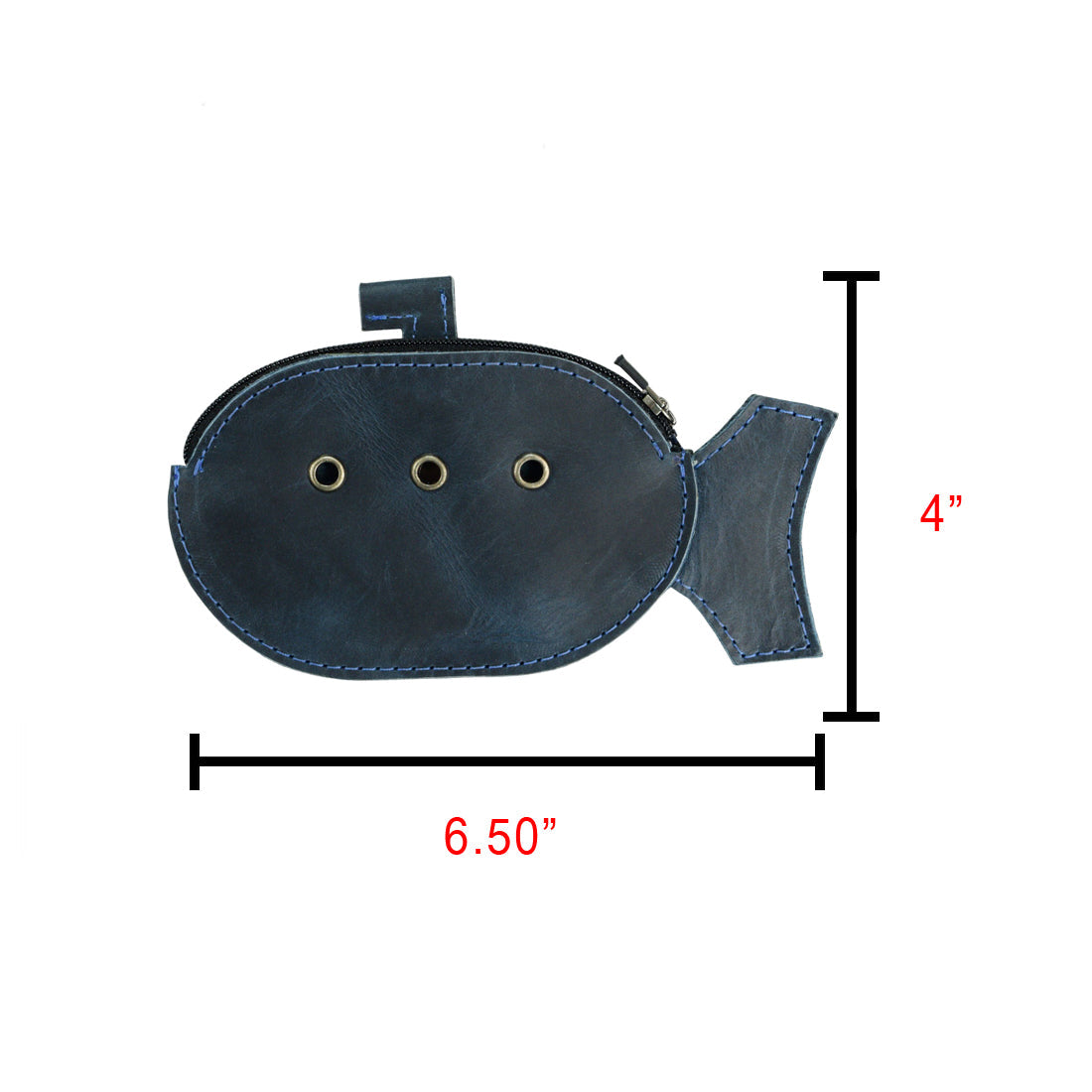 Specifications image of Hide & Drink's Submarine Pouch, featuring dimensions of 6.50 inches by 4 inches, showcasing its functional and stylish design. This full grain leather coin pouch is handcrafted by artisans in La Antigua Guatemala & Oaxaca Mexico, ensuring each piece is uniquely made.