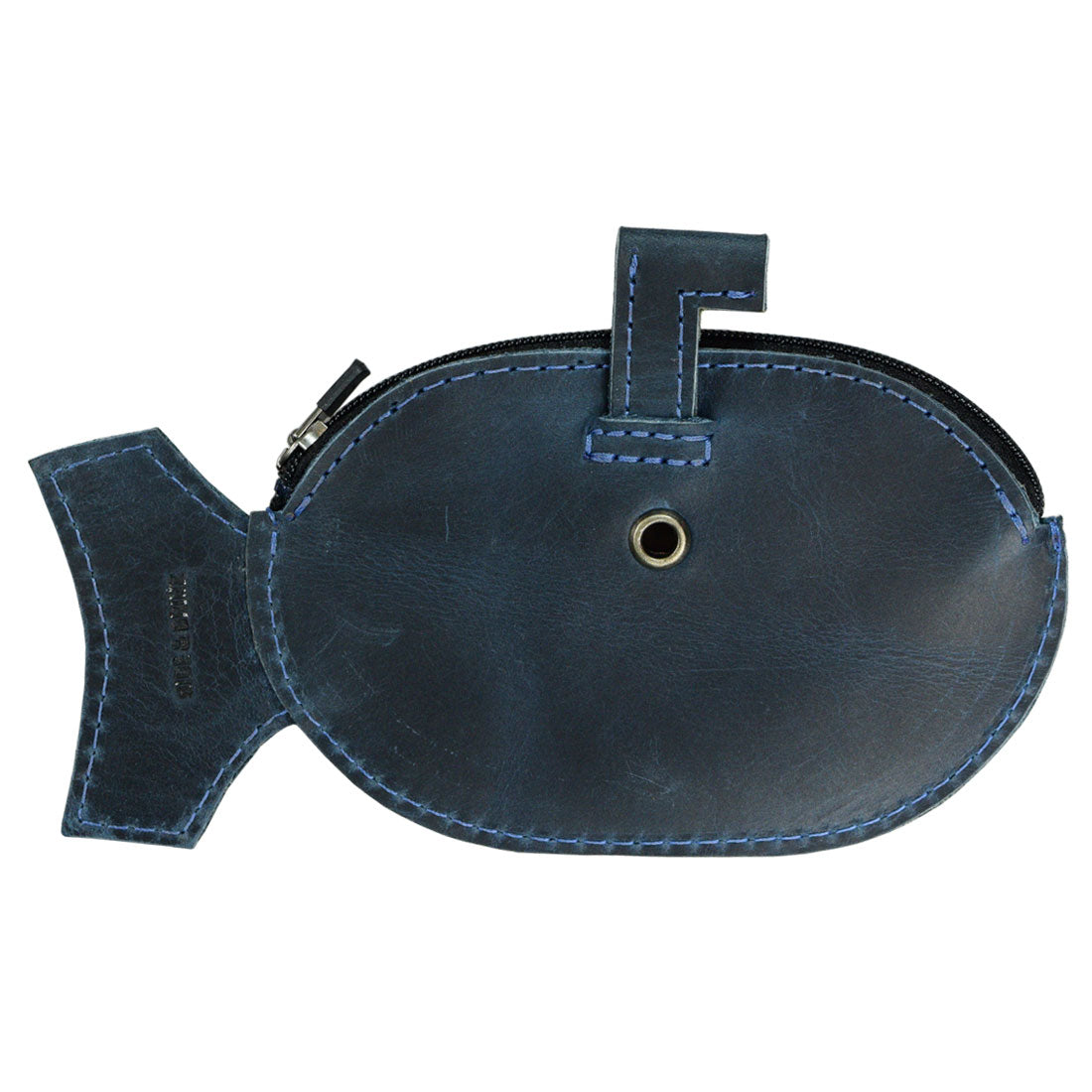 Another angle of Hide & Drink's Submarine Pouch made from fine full grain leather, illustrating its cartoon submarine shape ideal for use as a change holder or wallet cash organizer. A beautiful accessory, it's hand cut and fire branded by local artisans in La Antigua Guatemala & Oaxaca Mexico.