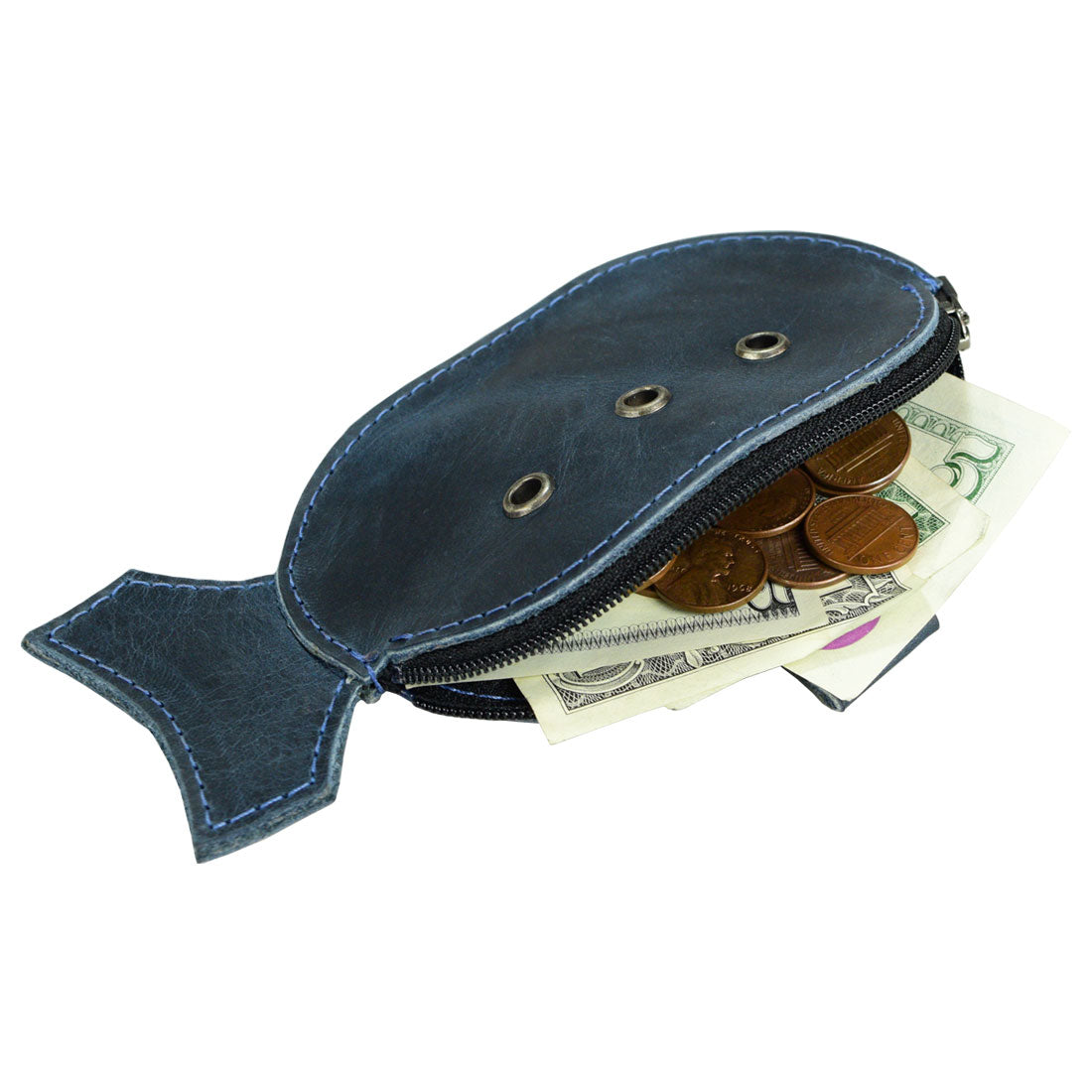 Hide & Drink's Submarine Pouch filled with coins and cash, showcasing its practicality as a change holder and wallet cash organizer. This cartoon submarine design, made from durable full grain leather, is a handmade beauty crafted by artisans in La Antigua Guatemala & Oaxaca Mexico.