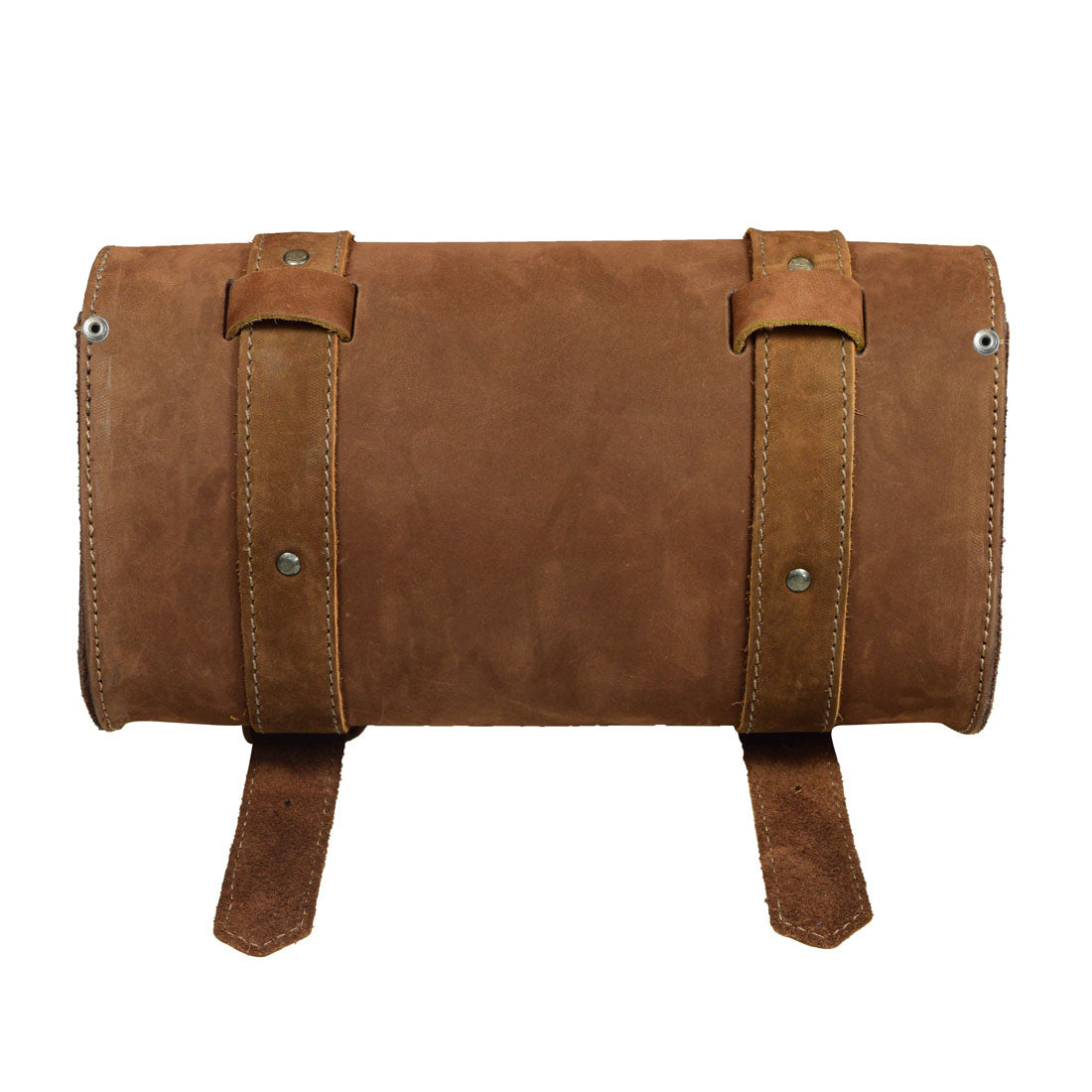 Hide & Drink Leather Motorcycle Tool Bag ready to secure on a bike, made from rich Full Grain Leather, tailored for aficionados looking for a rugged Biker Bag for Tools and Essentials. It features a Handlebars configuration with Adjustable Straps, functioning effectively as a Tool Organizer, handcrafted by artisans in La Antigua Guatemala & Oaxaca Mexico.
