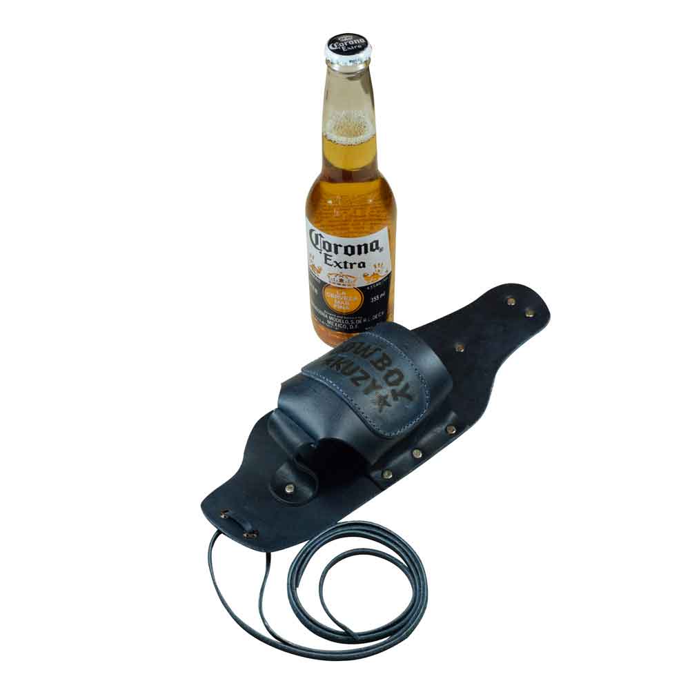 Hide & Drink Beer Holster Cowboy Buzy, an innovative Beer Holster for Cowboy that provides a unique hands-free experience. This Western Bottle Leg Grip, made from durable full grain leather, highlights small batch artisan craftsmanship from La Antigua Guatemala.