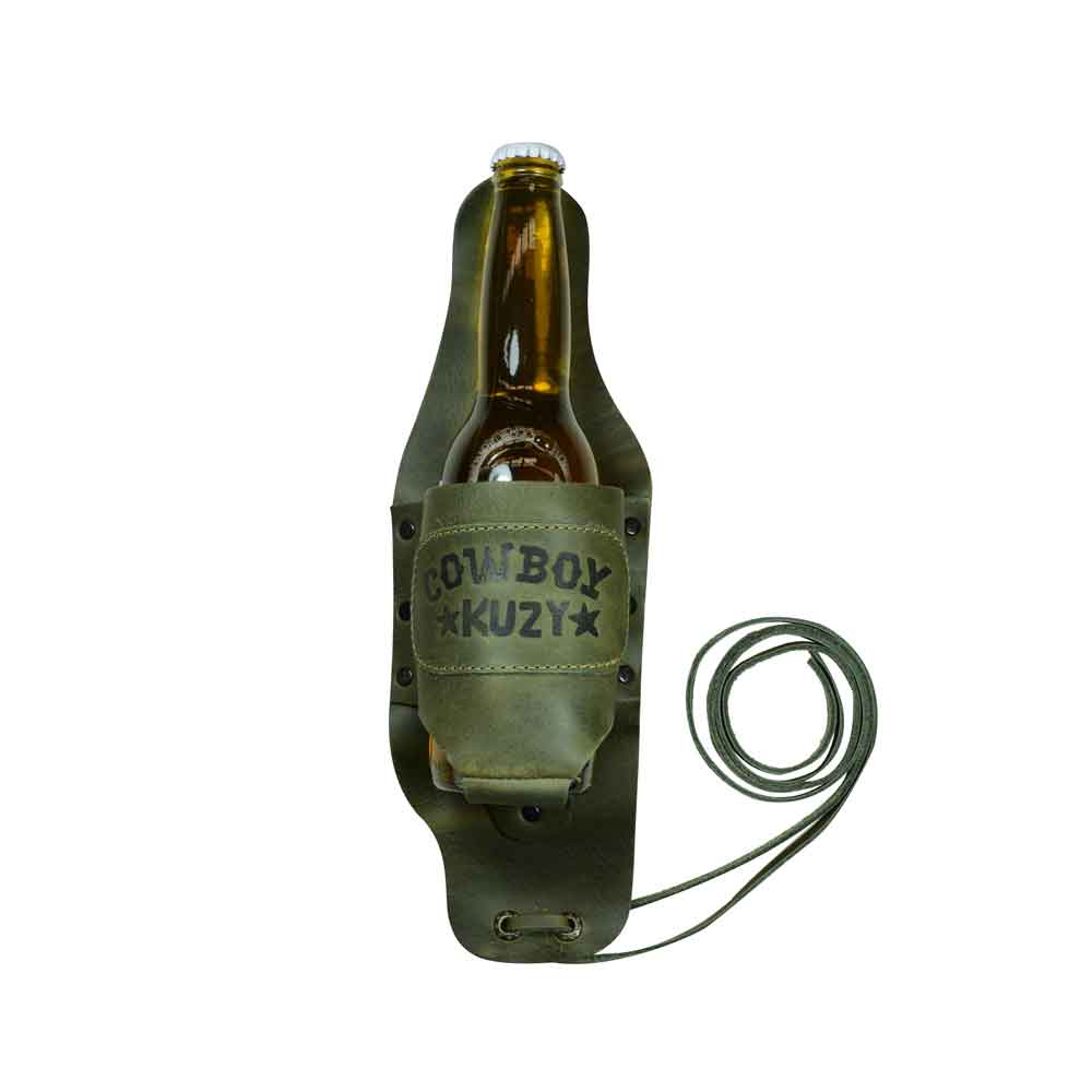 Hide & Drink Beer Holster Cowboy Buzy, perfect for the modern cowboy, this Beer Holster offers a hands-free option for your drinks. This Western Bottle Leg Grip is crafted from durable full grain leather, showcasing the benefits of small batch production and artisan craftsmanship from La Antigua Guatemala.