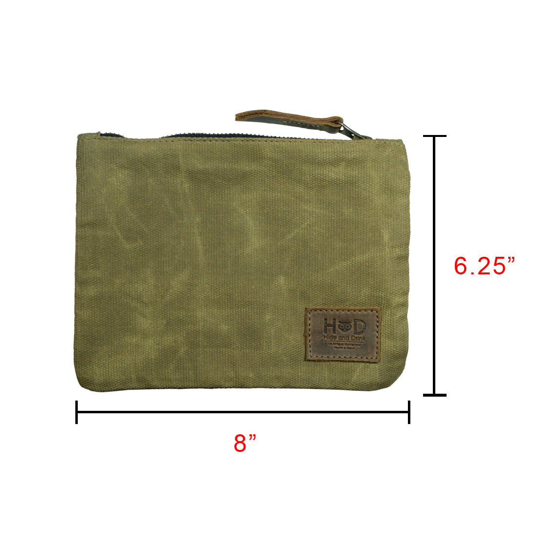 Dimensions of the Waxed Zippered Pouch from Hide & Drink, showing it measures 8 inches long and 6.25 inches high. This product is an artisan-made Canvas Zippered Pouch, crafted with waxed canvas and full grain leather for optimal functionality.