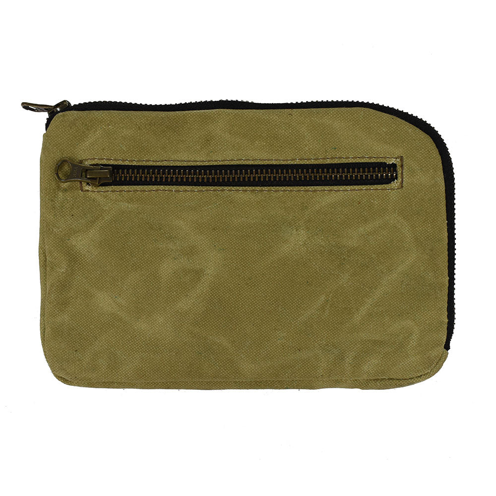 Back view of Hide & Drink's Zipper Gear Pouch showcasing its quality and durability, made from water resistant waxed canvas, ideal as a camping and travel accessory.