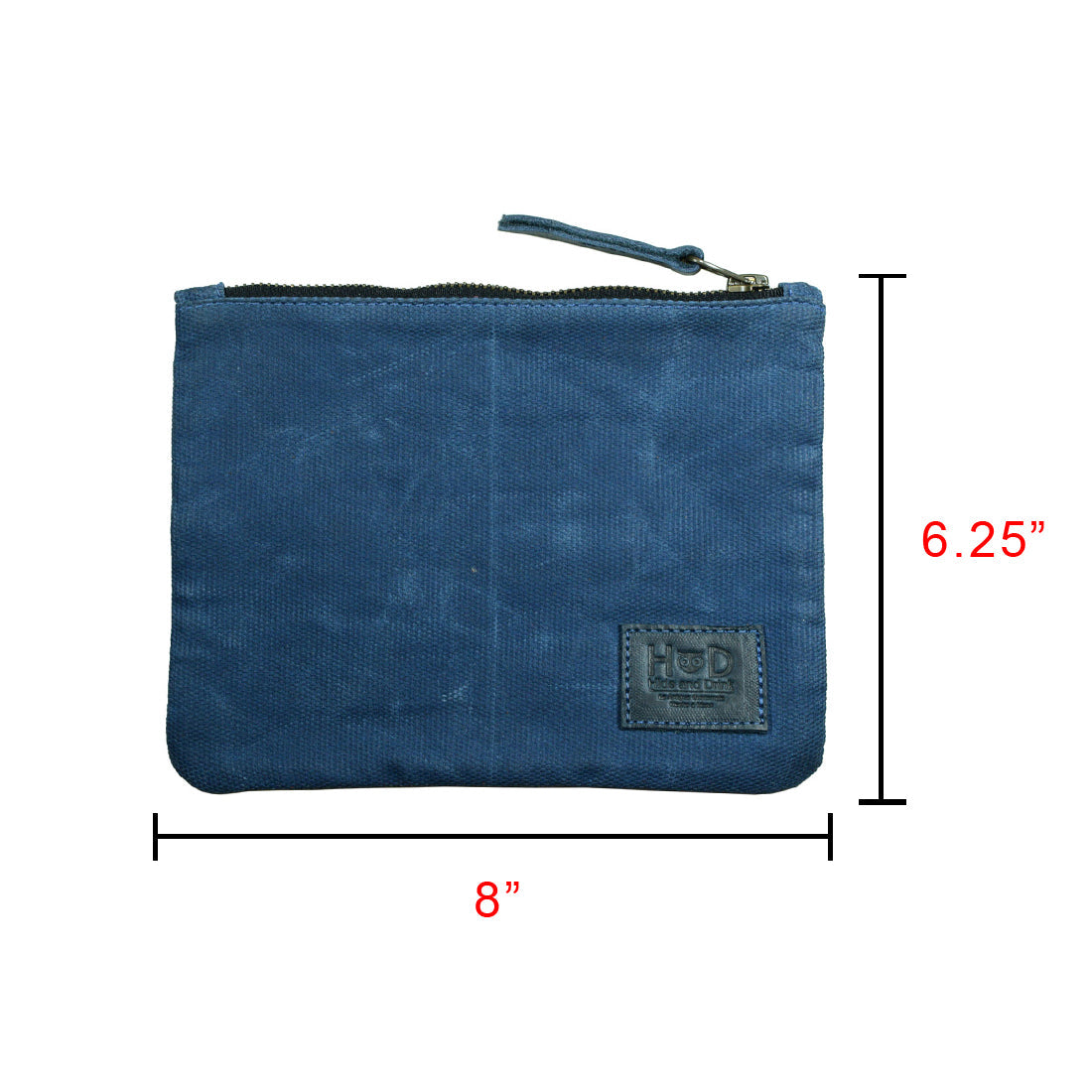 Measurements of the blue Waxed Zippered Pouch by Hide & Drink, emphasizing its size of 8 by 6.25 inches. This lightweight case is a high-quality artisan product made from waxed canvas and full grain leather.