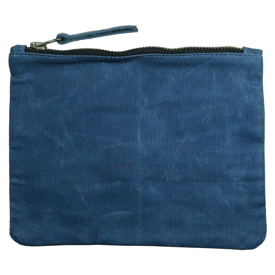 Back view of a blue Waxed Zippered Pouch from Hide & Drink, highlighting its durable waxed canvas construction. This Canvas Zippered Pouch is designed for versatile use as a lightweight case and travel accessory.