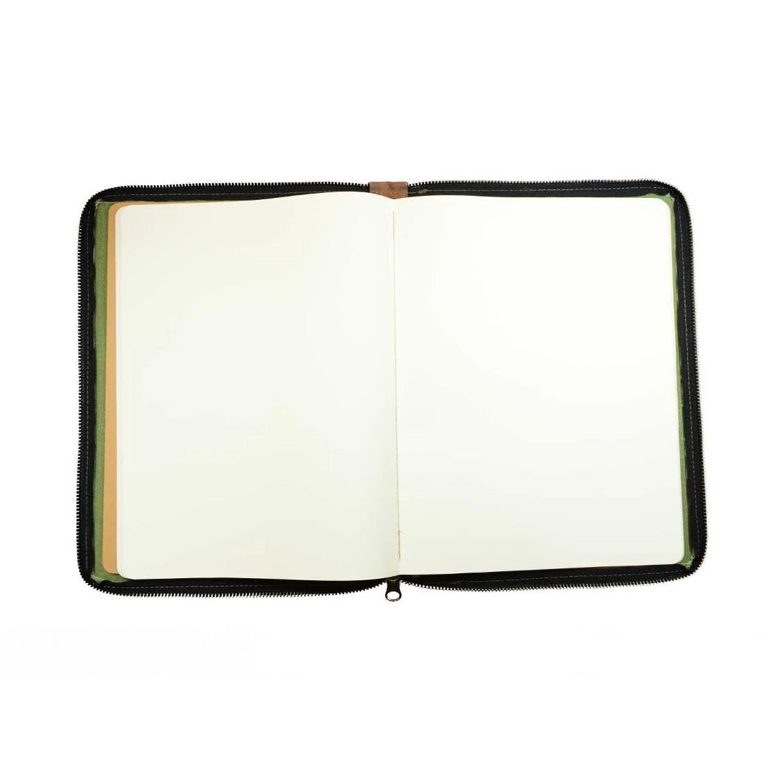 Blank pages inside the Waxed Canvas Zippered Journal Cover for Moleskine (Notebook NOT Included) by Hide & Drink, designed for easy writing and sketching. A premium Cahier Case made from Full Grain Leather, combining rustic charm with artisan craftsmanship from La Antigua Guatemala & Oaxaca Mexico.