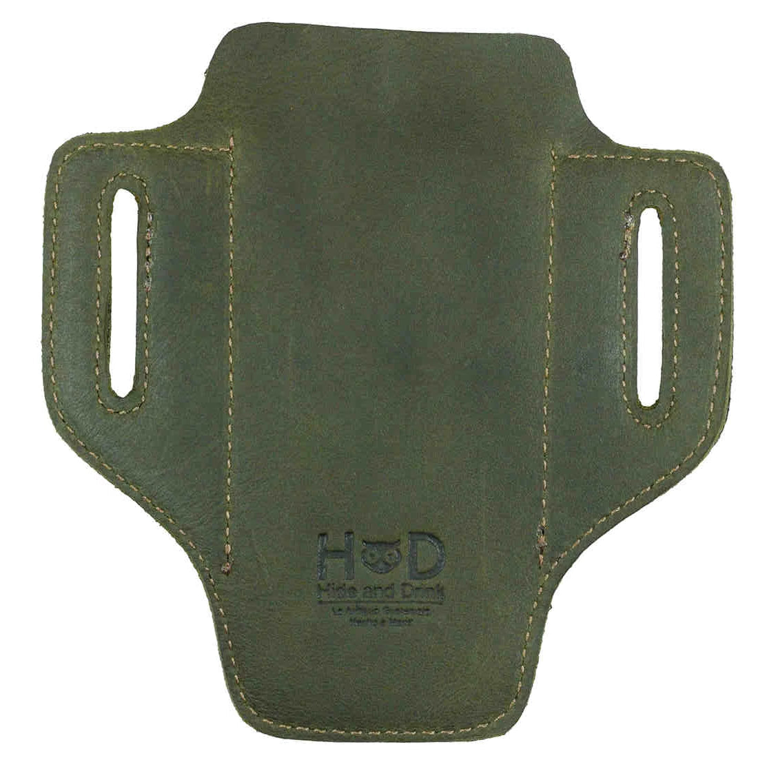 The back design of Hide & Drink's olive green Tactical Knife Holster, made from premium Full Grain Leather. This Tactical Knife Leather Holster is a reliable multitool holder, showcasing artisan quality from small batch production in La Antigua Guatemala & Oaxaca Mexico.