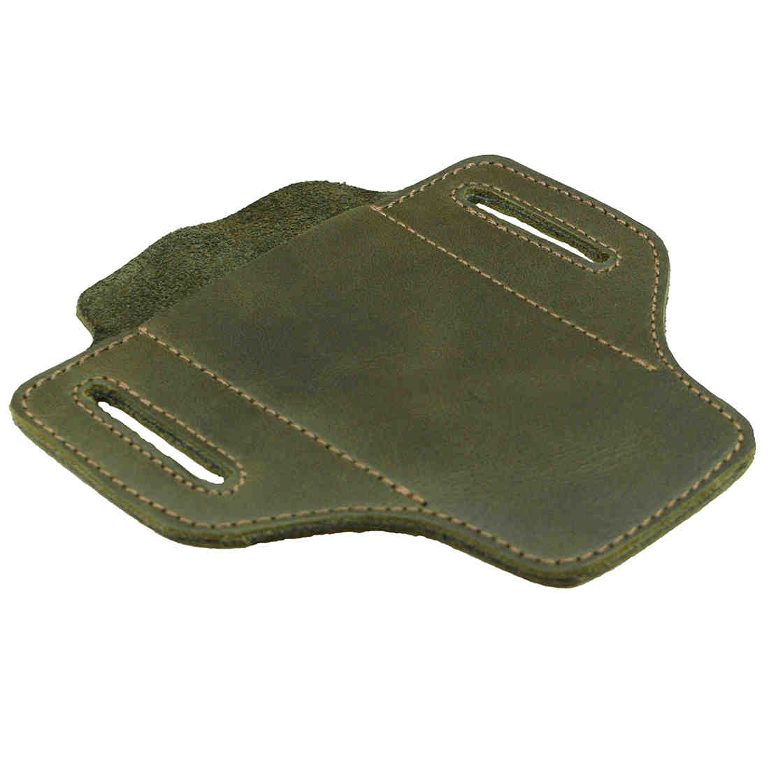 Hide & Drink's olive green Tactical Knife Holster's interior, showcasing its authentic Full Grain Leather craftsmanship. This Tactical Knife Leather Holster is ideal for multitools, suitable for camping & outdoor accessories, handcrafted in La Antigua Guatemala & Oaxaca Mexico.