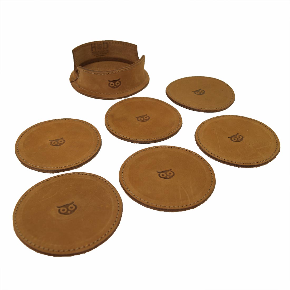 Thick Leather Owl Coasters with Stitching (6-Pack) - Stockyard X 'The Leather Store'