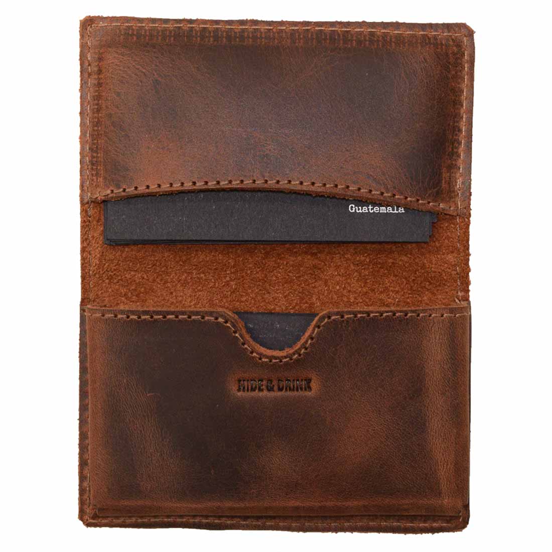 Hide & Drink's Vintage Card Holder with a slot for business cards and cash, exemplifying the quality of full grain leather. This pocket accessory is a perfect handmade gift, emphasizing small batch production and featuring craftsmanship rooted in La Antigua Guatemala & Oaxaca Mexico.