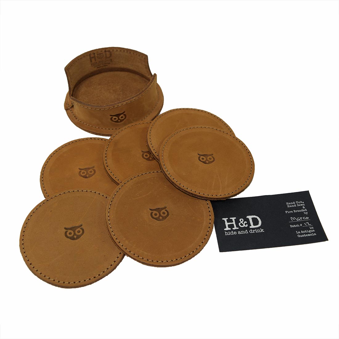 Thick Leather Owl Coasters with Stitching (6-Pack) - Stockyard X 'The Leather Store'