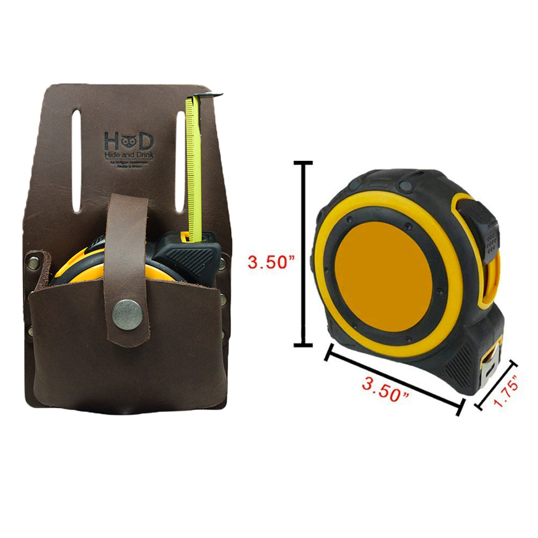 Hide & Drink's Large Tape Holder displayed next to a measuring tape, showcasing its practical design and thick full grain leather. This belt organizer is an artisan-crafted accessory, exemplifying the small batch production tradition from La Antigua Guatemala & Oaxaca Mexico.