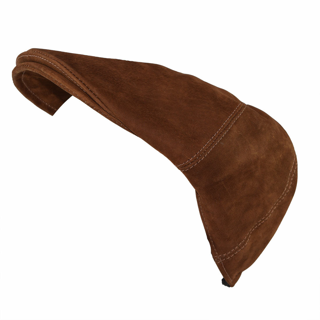 Dynamic angle of a rustic men's driver's cap by Hide & Drink, highlighting the fine craftsmanship and soft suede leather. This vintage cap is part of a limited collection, featuring full grain leather and artisan craftsmanship, handmade in La Antigua Guatemala & Oaxaca Mexico, making it a great choice for everyday wear.