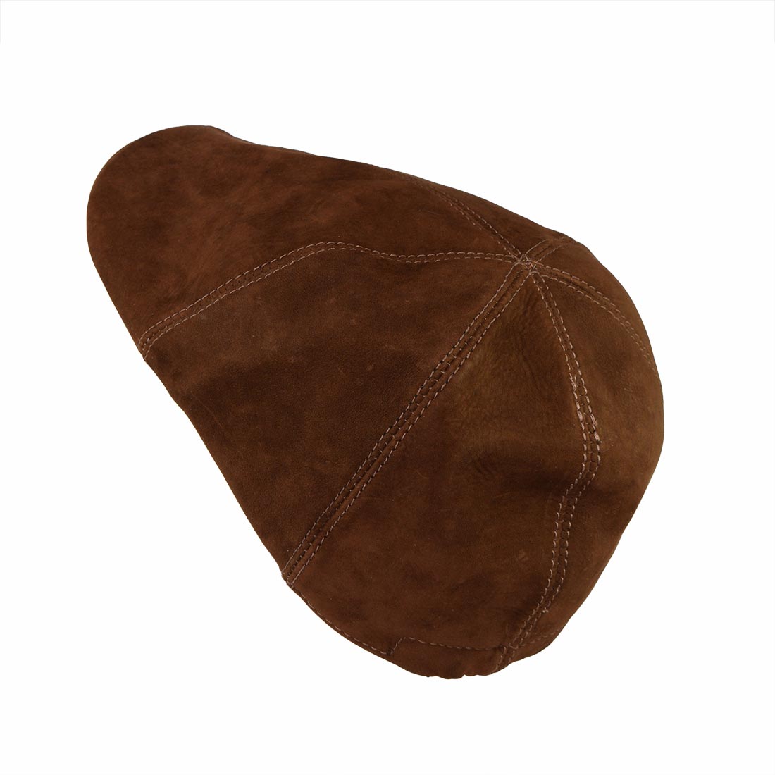 Back view of a classic men's driver's cap crafted by Hide & Drink, showcasing the detailed stitching and high-quality suede leather. This vintage cap is designed for comfort and style, with full grain leather ensuring longevity. Perfect for those who value handmade artisan products from La Antigua Guatemala & Oaxaca Mexico.