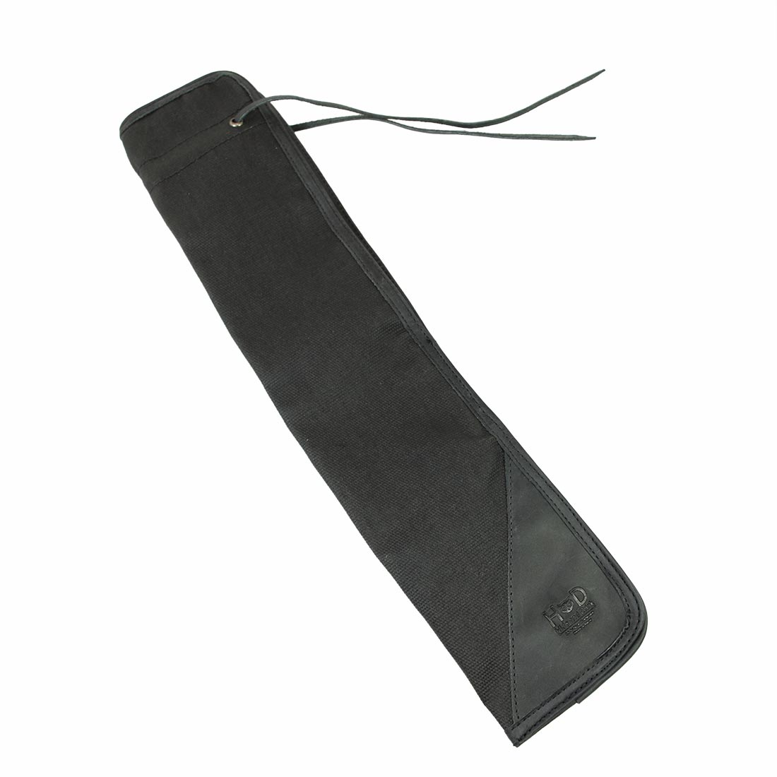Close-up view of the black Hide & Drink Drummstick Bag, emphasizing its solid construction with Waxed Canvas & Full Grain Leather. This Drumstick Bag Holder is essential for any drummer, showcasing the dedication to small batch production and artisan craftsmanship from La Antigua Guatemala & Oaxaca Mexico.