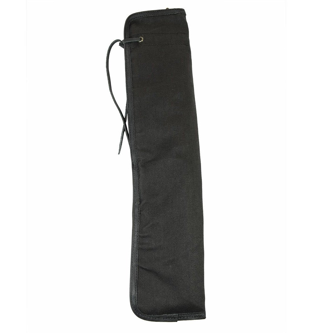 Side view of the black Hide & Drink Drummstick Bag, showcasing its durable and stylish design. Made from Waxed Canvas & Full Grain Leather, this Drumstick Bag Holder is tailored for musicians, reflecting the artisanal craft and labor of small batch production from La Antigua Guatemala & Oaxaca Mexico.