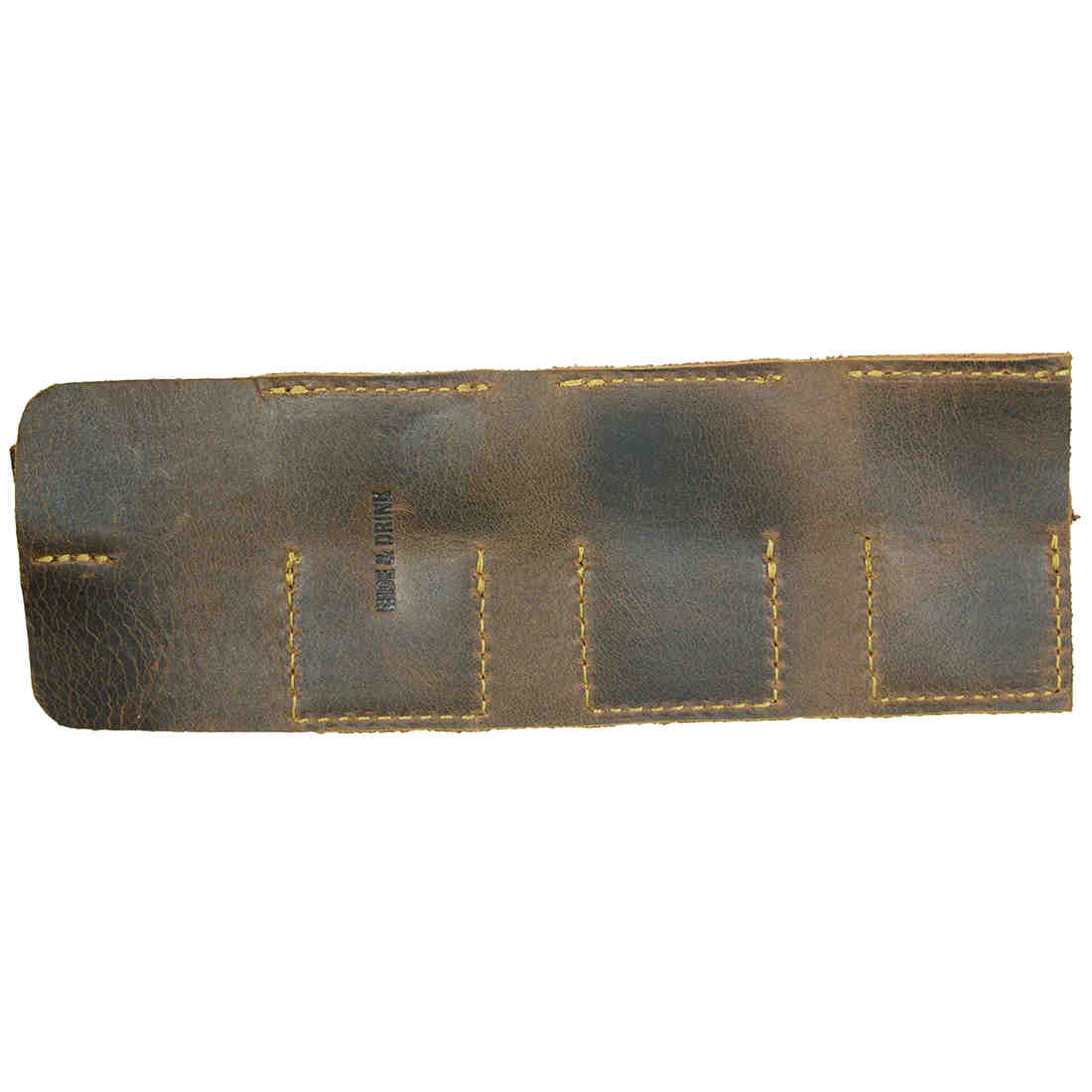 Hide & Drink Guitar Pick Roll with the leather side visible, highlighting the quality stitching and texture of Full Grain Leather. This Guitar Pick Roll is an ideal Guitarist Gift and Musician Accessory, meticulously Hand Cut and Hand Sewn by artisans in La Antigua Guatemala & Oaxaca Mexico.