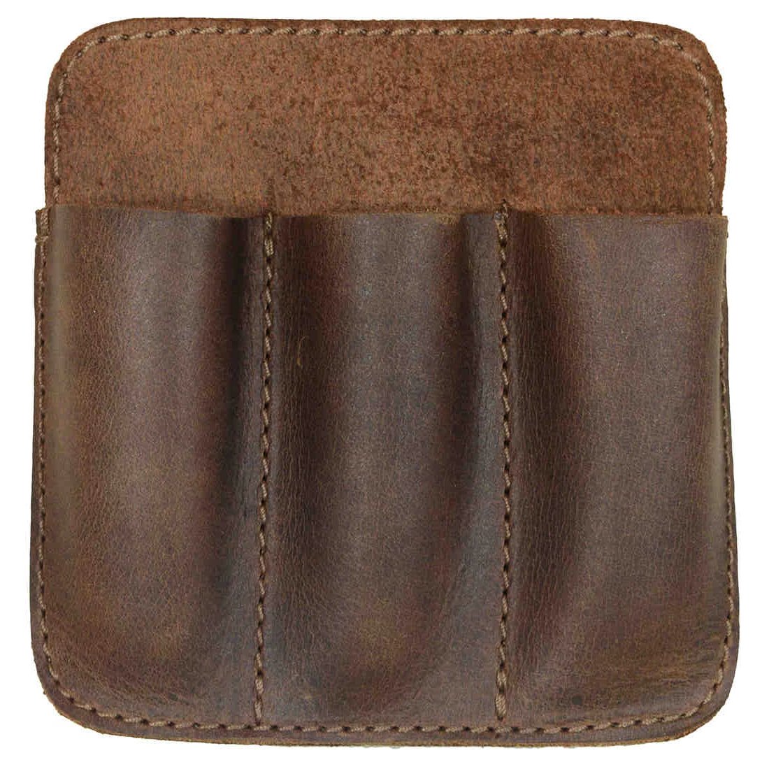 Close-up view of the Hide & Drink Minimalist Tool Pocket, showcasing its rustic design made from Full Grain Leather. This Tool Pocket Pouch features delicate stitching, perfect for everyday use. StockyardX artisan product, hand cut and sewn in La Antigua Guatemala with small batch production.