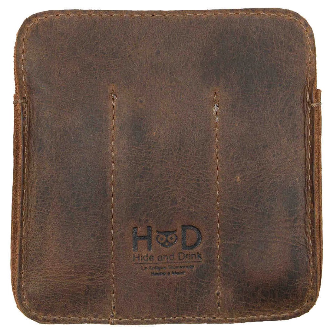 Back view of the Hide & Drink Minimalist Tool Pocket displaying the subtle branding. Made from durable Full Grain Leather, this Tool Pocket Pouch is crafted in a stylish way that merges functionality with aesthetics. Artisan handmade in La Antigua Guatemala, emphasizing small batch production.